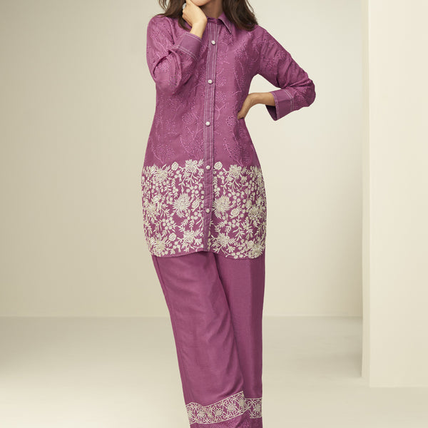 Vegaa Fashion Onion Pink Chinon Silk Embroidered Designer Co Ord Set