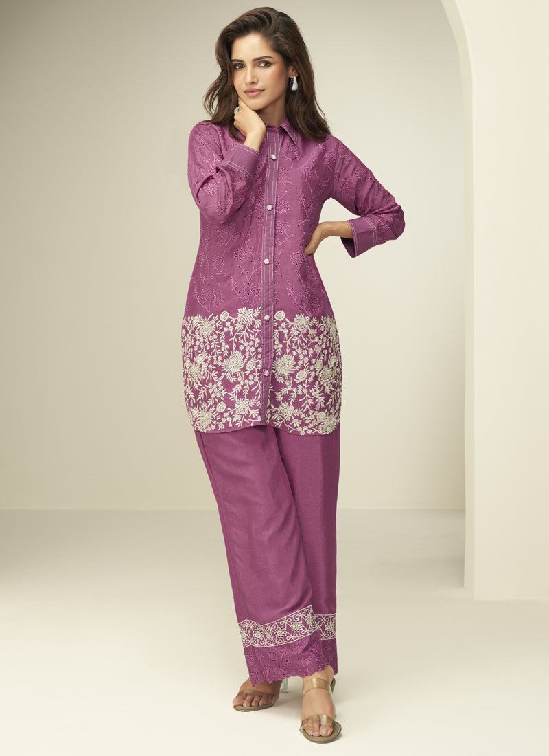 Vegaa Fashion Onion Pink Chinon Silk Embroidered Designer Co Ord Set