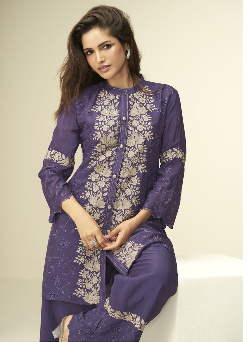 Vegaa Fashion Violet Chinon Silk Embroidered Designer Co Ord Set - Distacart