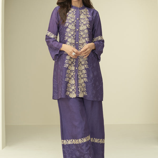 Vegaa Fashion Violet Chinon Silk Embroidered Designer Co Ord Set