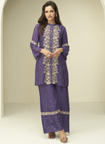 Thumbnail for Vegaa Fashion Violet Chinon Silk Embroidered Designer Co Ord Set
