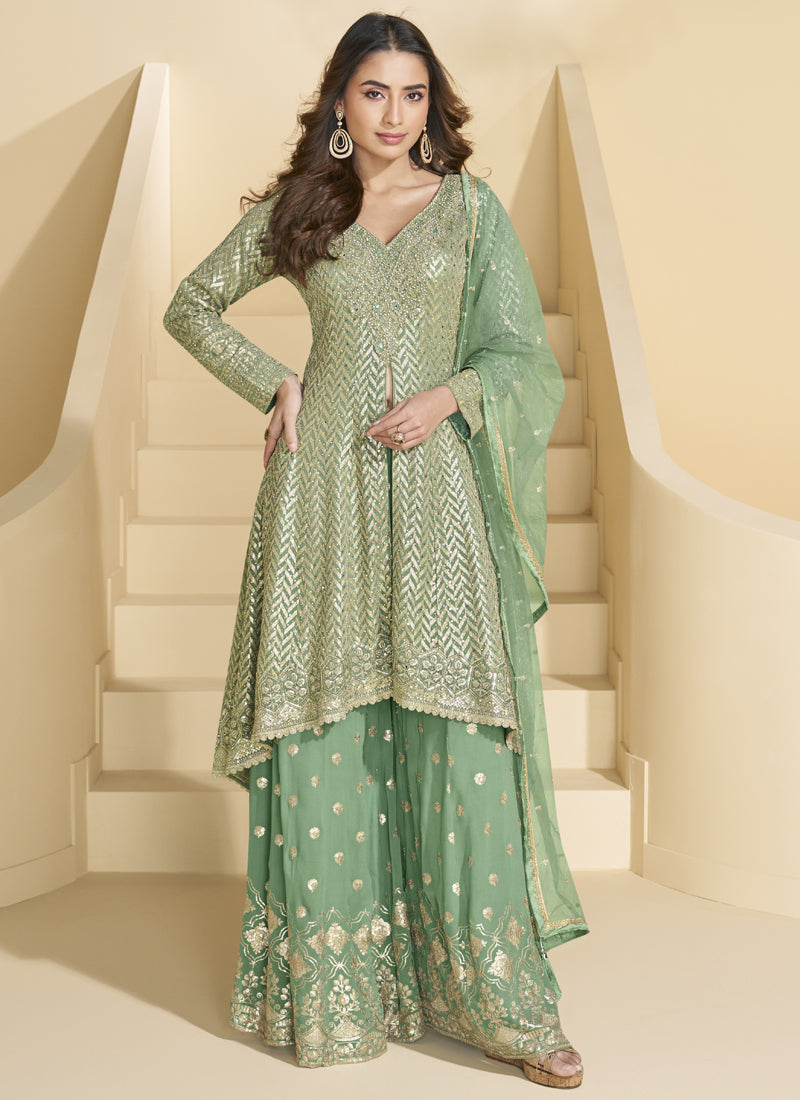 Vegaa Fashion Light Green Georgette Embroidered Designer Palazzo Suit