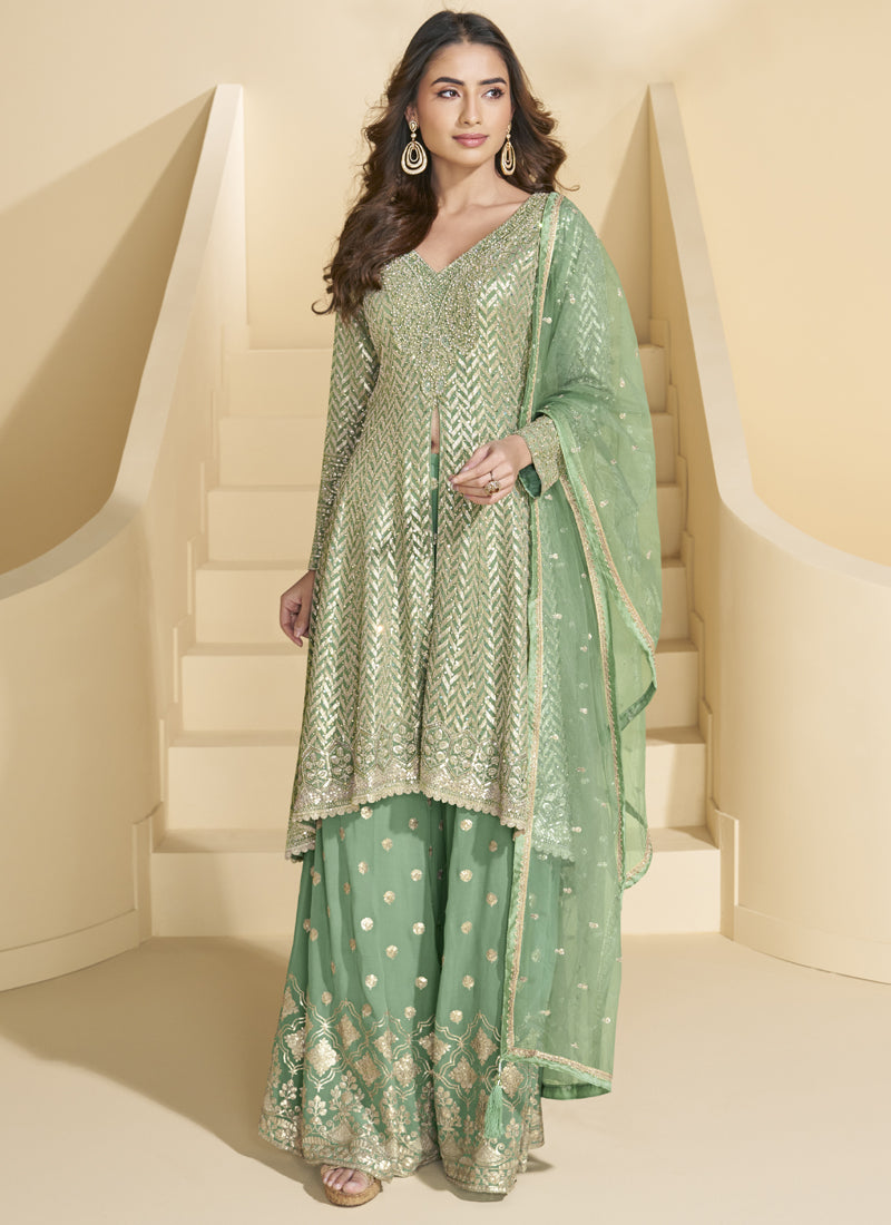 Vegaa Fashion Light Green Georgette Embroidered Designer Palazzo Suit