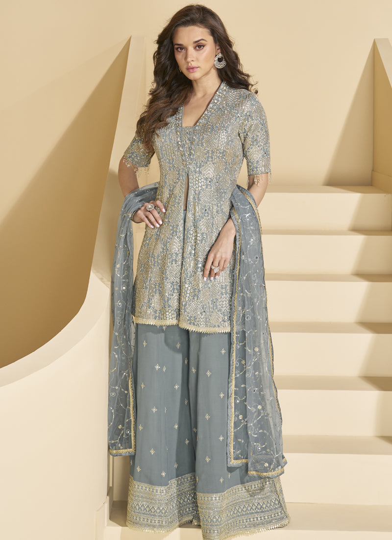Vegaa Fashion Grey Georgette Embroidered Designer Palazzo Suit