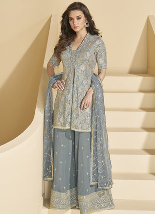 Vegaa Fashion Grey Georgette Embroidered Designer Palazzo Suit