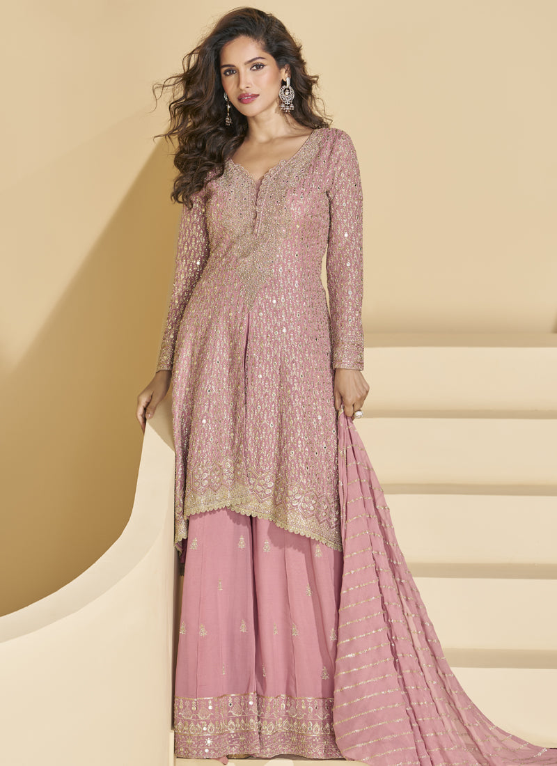 Vegaa Fashion Peach Georgette Embroidered Designer Palazzo Suit