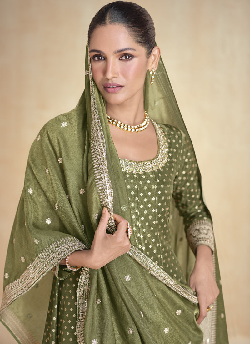 Vegaa Fashion Mahendi Viscose Jacquard Embroidered Anarkali Suit