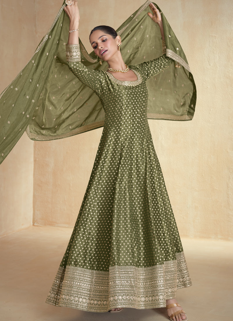 Vegaa Fashion Mahendi Viscose Jacquard Embroidered Anarkali Suit