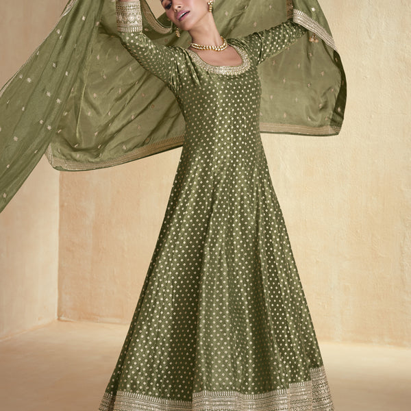Vegaa Fashion Mahendi Viscose Jacquard Embroidered Anarkali Suit - Distacart