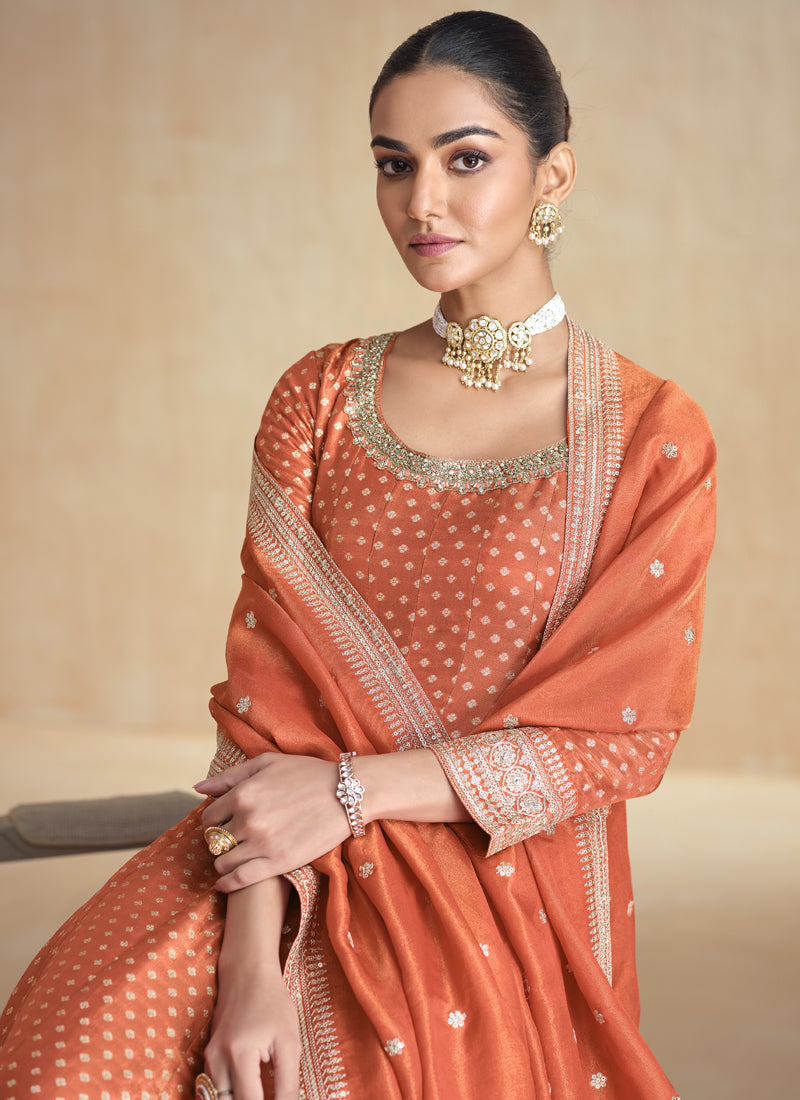 Vegaa Fashion Orange Viscose Jacquard Embroidered Anarkali Suit