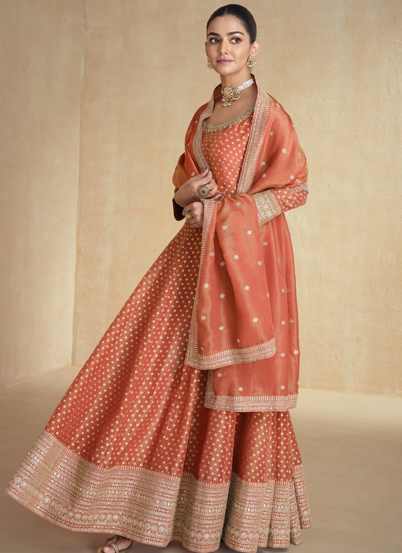 Vegaa Fashion Orange Viscose Jacquard Embroidered Anarkali Suit