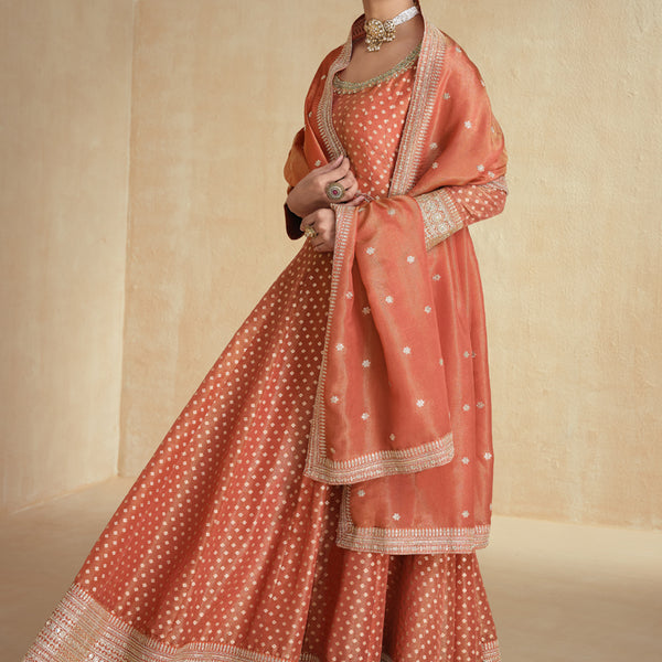 Vegaa Fashion Orange Viscose Jacquard Embroidered Anarkali Suit - Distacart