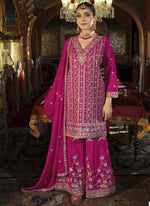 Thumbnail for Vegaa Fashion Rani Pink Chinon Silk Embroidered Designer Palazzo Suit