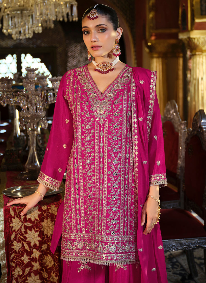Vegaa Fashion Rani Pink Chinon Silk Embroidered Designer Palazzo Suit