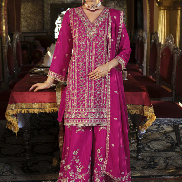 Vegaa Fashion Rani Pink Chinon Silk Embroidered Designer Palazzo Suit