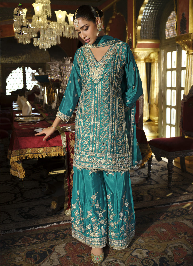 Vegaa Fashion Turquoise Chinon Silk Embroidered Designer Palazzo Suit
