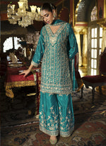 Thumbnail for Vegaa Fashion Turquoise Chinon Silk Embroidered Designer Palazzo Suit