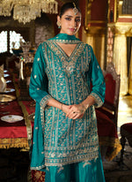 Thumbnail for Vegaa Fashion Turquoise Chinon Silk Embroidered Designer Palazzo Suit