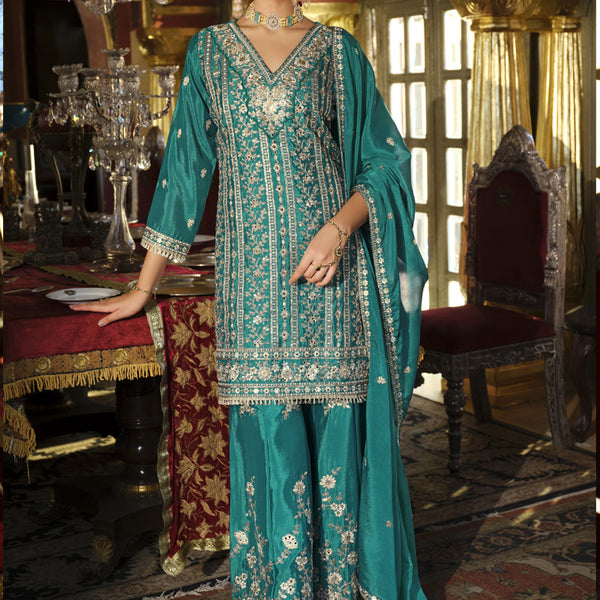 Vegaa Fashion Turquoise Chinon Silk Embroidered Designer Palazzo Suit