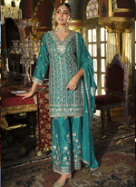 Thumbnail for Vegaa Fashion Turquoise Chinon Silk Embroidered Designer Palazzo Suit