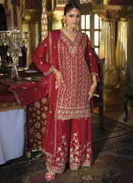 Thumbnail for Vegaa Fashion Maroon Chinon Silk Embroidered Designer Palazzo Suit - Distacart