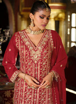 Thumbnail for Vegaa Fashion Maroon Chinon Silk Embroidered Designer Palazzo Suit - Distacart