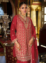 Thumbnail for Vegaa Fashion Maroon Chinon Silk Embroidered Designer Palazzo Suit - Distacart