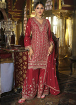 Thumbnail for Vegaa Fashion Maroon Chinon Silk Embroidered Designer Palazzo Suit - Distacart