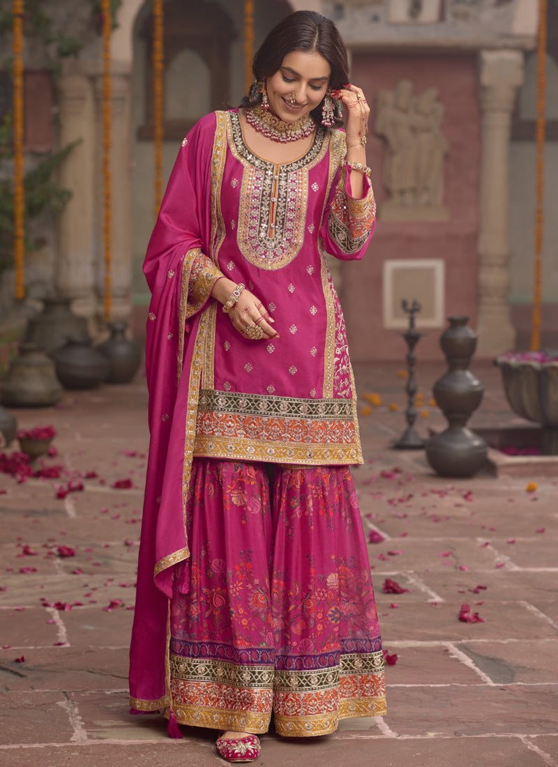 Vegaa Fashion Pink Chinon Silk Embroidered Sharara Suit