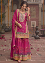 Thumbnail for Vegaa Fashion Pink Chinon Silk Embroidered Sharara Suit