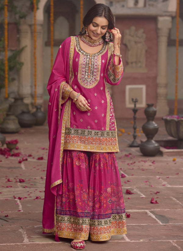 Vegaa Fashion Pink Chinon Silk Embroidered Sharara Suit