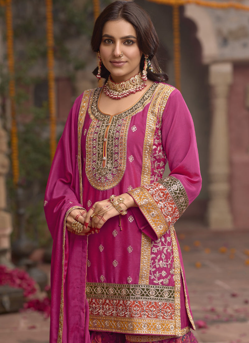 Vegaa Fashion Pink Chinon Silk Embroidered Sharara Suit