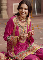 Thumbnail for Vegaa Fashion Pink Chinon Silk Embroidered Sharara Suit