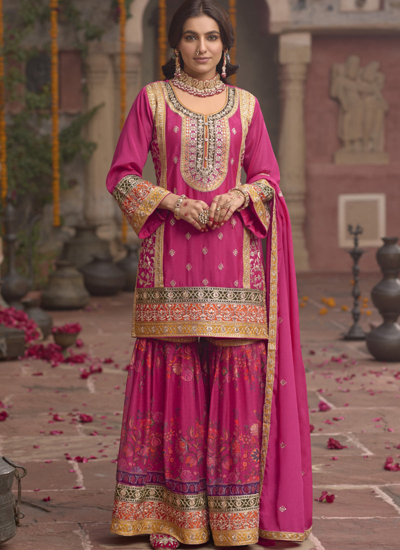 Vegaa Fashion Pink Chinon Silk Embroidered Sharara Suit