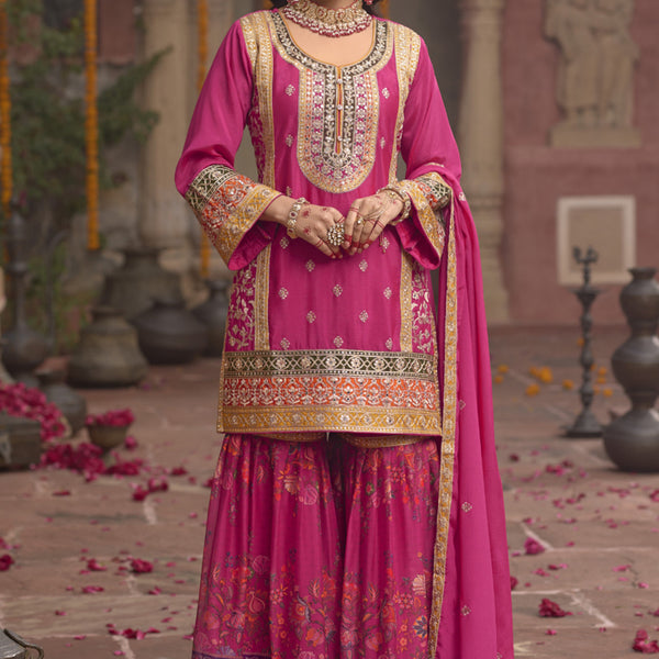 Vegaa Fashion Pink Chinon Silk Embroidered Sharara Suit