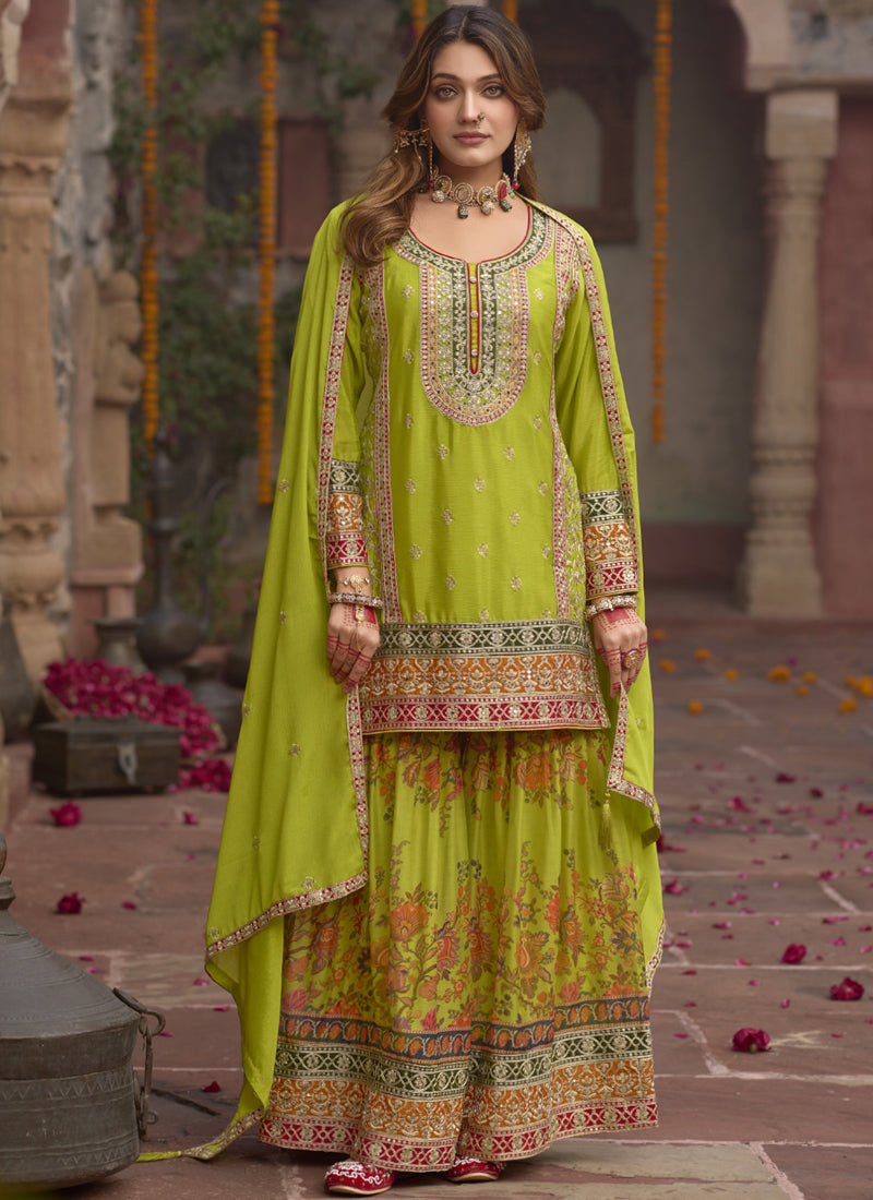 Vegaa Fashion Mehendi Chinon Silk Embroidered Sharara Suit