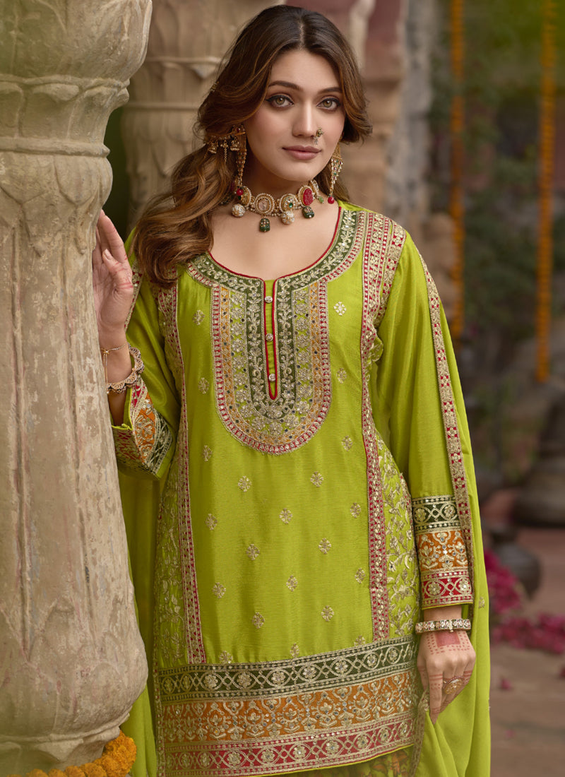 Vegaa Fashion Mehendi Chinon Silk Embroidered Sharara Suit