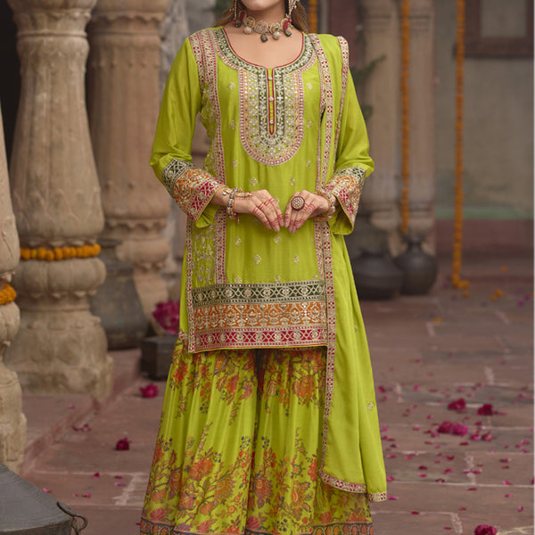 Vegaa Fashion Mehendi Chinon Silk Embroidered Sharara Suit