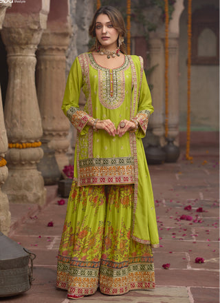 Vegaa Fashion Mehendi Chinon Silk Embroidered Sharara Suit