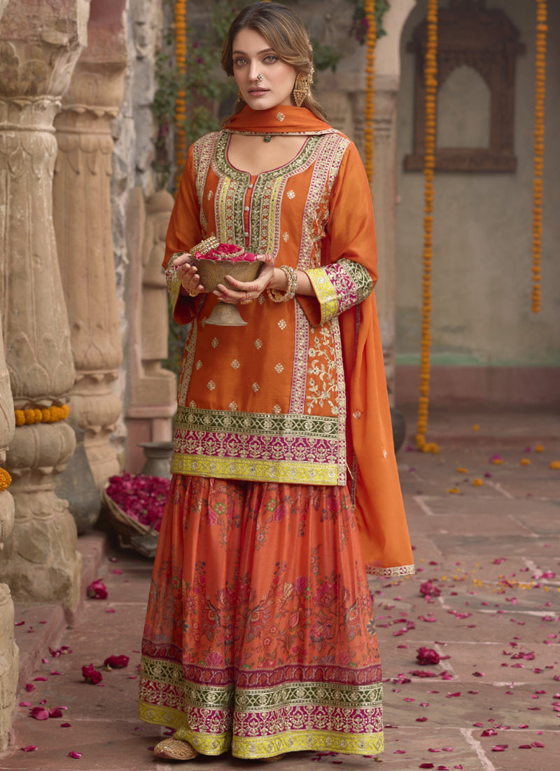 Vegaa Fashion Orange Chinon Silk Embroidered Sharara Suit