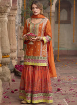 Thumbnail for Vegaa Fashion Orange Chinon Silk Embroidered Sharara Suit