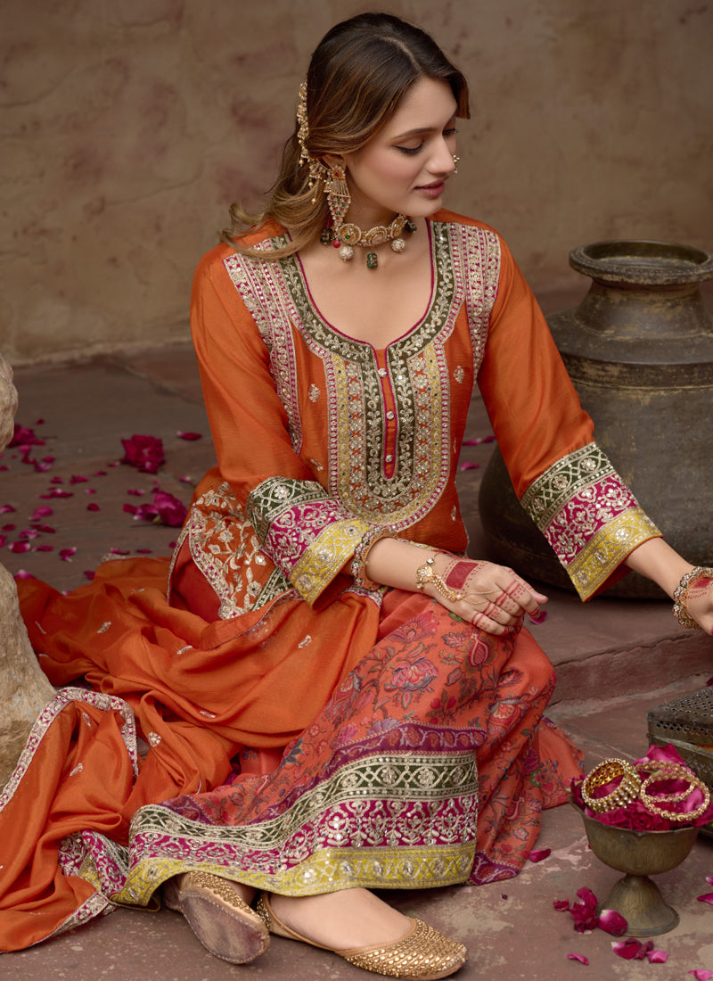 Vegaa Fashion Orange Chinon Silk Embroidered Sharara Suit