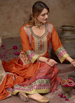 Thumbnail for Vegaa Fashion Orange Chinon Silk Embroidered Sharara Suit
