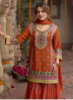 Thumbnail for Vegaa Fashion Orange Chinon Silk Embroidered Sharara Suit