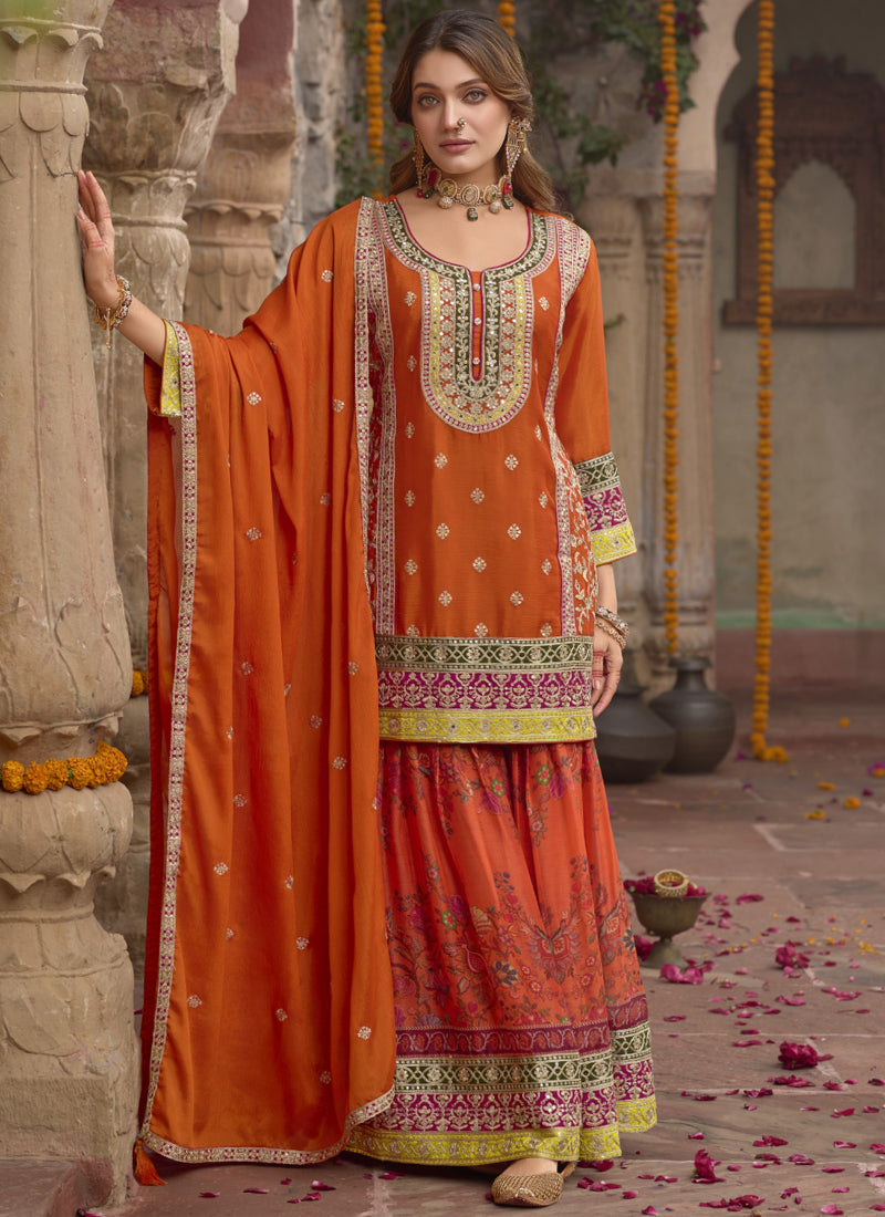 Vegaa Fashion Orange Chinon Silk Embroidered Sharara Suit