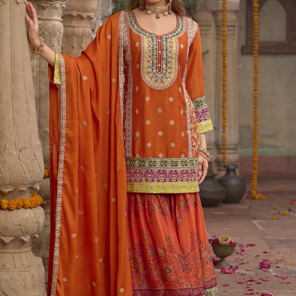 Vegaa Fashion Orange Chinon Silk Embroidered Sharara Suit