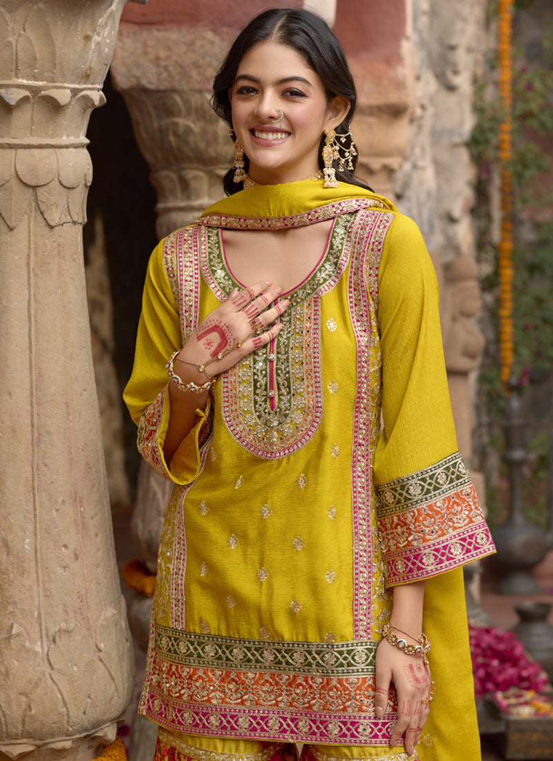 Vegaa Fashion Yellow Chinon Silk Embroidered Sharara Suit