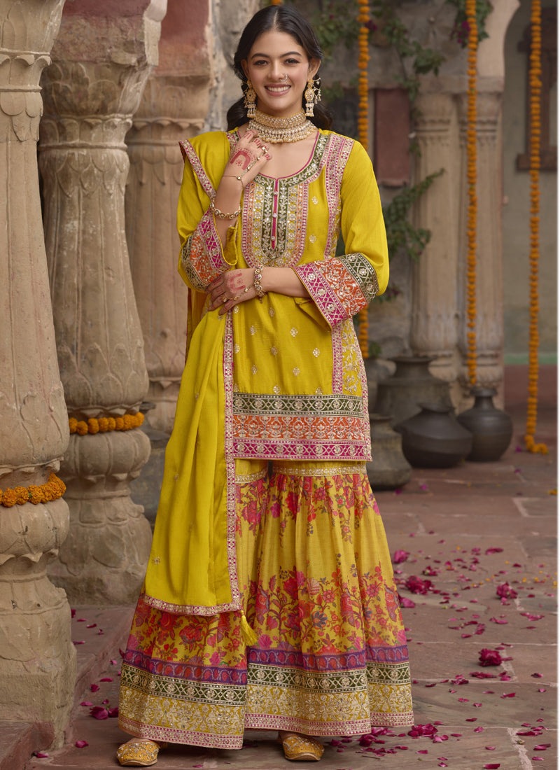 Vegaa Fashion Yellow Chinon Silk Embroidered Sharara Suit