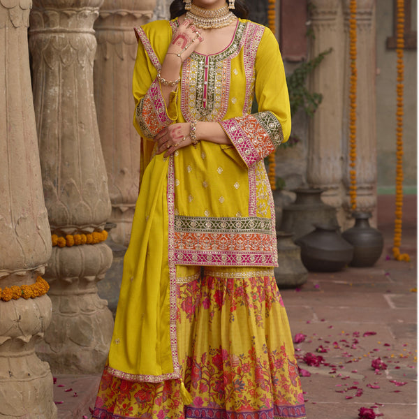 Vegaa Fashion Yellow Chinon Silk Embroidered Sharara Suit