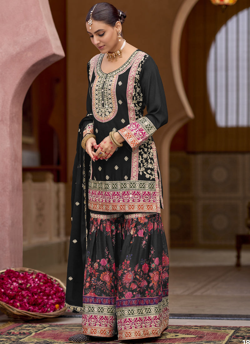 Vegaa Fashion Black Chinon Silk Embroidered Sharara Suit